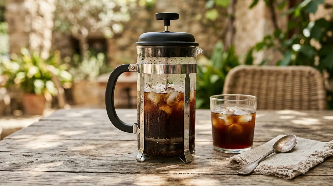 French-Press-Kanne mit kaltem Kaffeeaufguss und Eiswürfeln auf einem Tisch