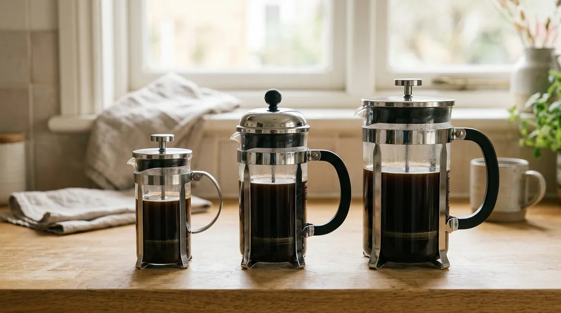 Drei French-Press-Kannen unterschiedlicher Größe nebeneinander, von der kleinen 350-ml-Kanne bis zur großen Haushaltskanne