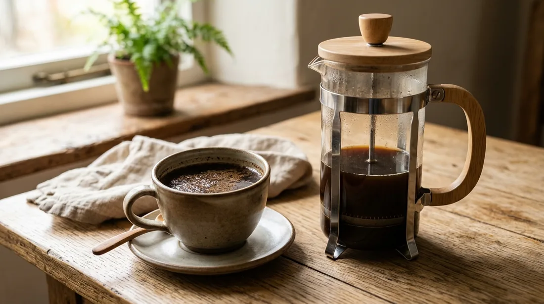 Tasse French-Press-Kaffee mit sichtbarem Kaffeesatz auf der Oberfläche, daneben die Kanne auf einem Holztisch