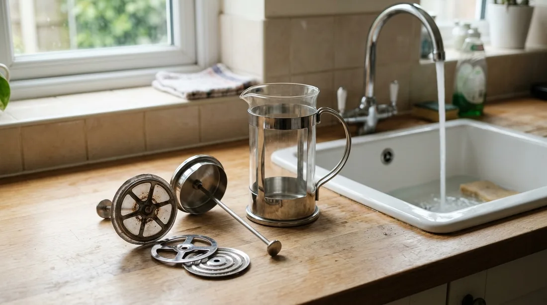 Zerlegte French Press mit ausgebautem Siebeinsatz und Pressstempel neben dem Spülbecken