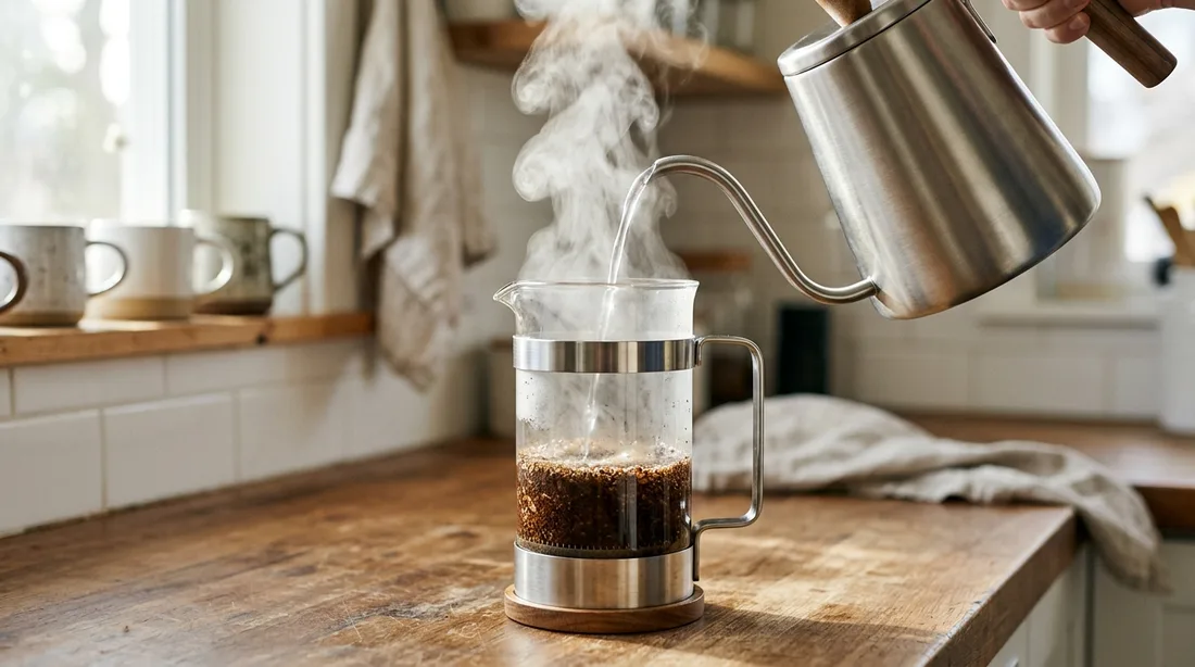 Heißes Wasser wird über grob gemahlenes Kaffeemehl in eine French-Press-Kanne gegossen